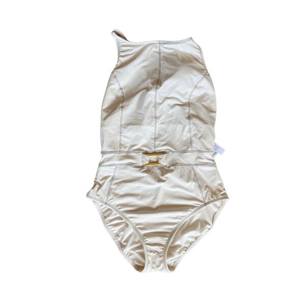 BLEU ROD BEATTIE Belted One Piece Swimsuit Molded Cups Sweetheart Neck White 10 - Picture 1 of 9